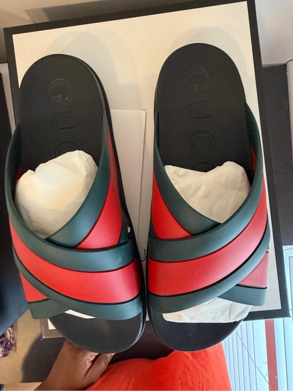 Men’s Gucci Green and Red Crisscross Leather Slide Sandals
